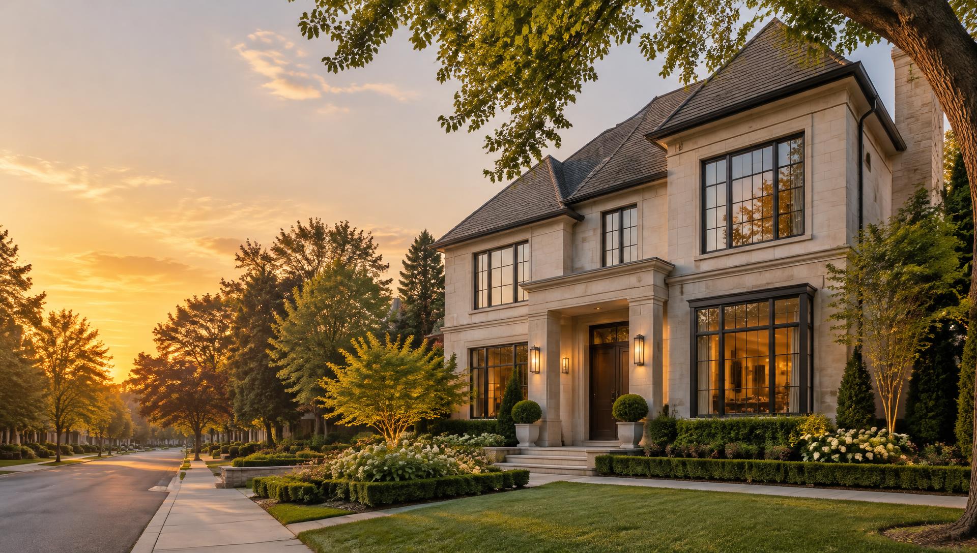 A stone family home on a tree-lined street at sunset